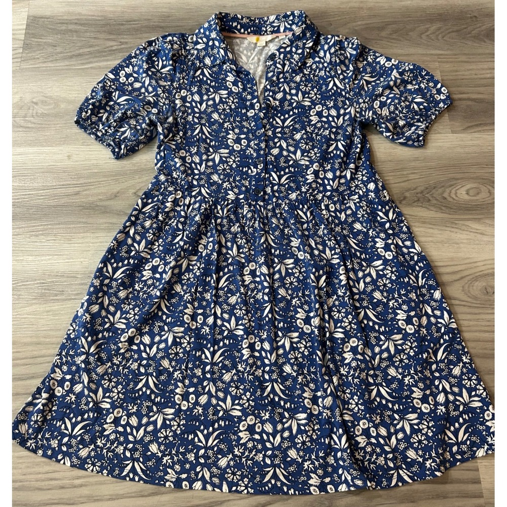 Boden Womens Floral Jersey Shirt Dress Cotton Modal 6P Blue White Petite Mini